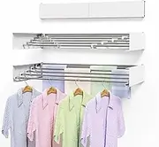 Laundry Drying Rack Collapsible,Wall Mounted Drying Rack,Retractable Wall Drying Rack,Space Saving Clothes Drying Rack, 31.5" Wide, 13.2 Linear Ft, 5 Stainless steel Rods, 60 lb Capacity (White 31.5")