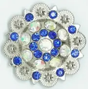 1-1/2" Flower Concho with Clear and Blue Rhinestones and screw.