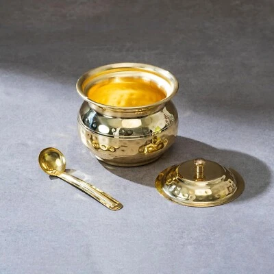 250 ml Brass Ghee Pot with Spoon and Lid Oil Storage Jar for Kitchen