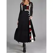 Women's Causal Dress A-Line Dress Geometric Patchwork Button Long Sleeve Round Neck Black Red Work Fall Winter Soft Comfortable Regular