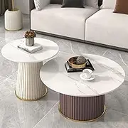 EKDJSN Round Coffee Table Set of 2, Center Table with Solid Titanium Grain Table Top and Sturdy Metal Frame, Nesting Tables for Small Spaces, Easy to Assemble(Brown)