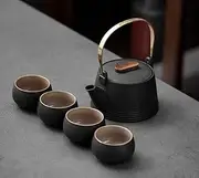 TRENDVEI Japanese Traditional Coarse Pottery Tea Set, Chinese Kungfu Loop-Handled Teapot with Infuser with 4 Cups