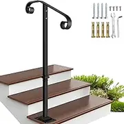 Zwinz Handrail Railing, Single Post Handrail, Sturdy Outdoor Handrails with Base, Wrought Iron Stair Handrail Fits 1 or 2 Steps, Grab Rail for Steps Porch, Black