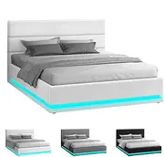 [ALFORDSON] Bed Frame Double Size with LED Light & Gas Lift Storage Base, Bed Platform Foundation with Boucle Fabric Tufted Headboard for Mattress Topper, Max 320kg, Bertold Boucle White