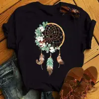 在飛比找蝦皮購物優惠-Dreamcatcher T-shirt花卉捕夢網黑色休閒短