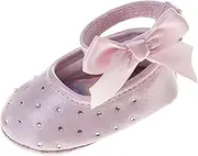 [JOSMO] Baby Girls Sparkling Satin Mary Jane Sandals with Bow and Rhinestones Soft Sole Crib Shoes (Size 2-4 Infant)