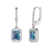 3.57 Emerald Round Cut Halo Blue Moissanite Drop Earrings 14k White Gold