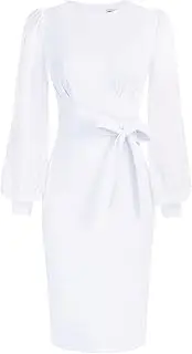[KiRYu] Women's Bodycon Pencil Dress Swiss Dot Lantern Sleeve Work Dresses with Belt