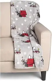 [Berkshire Blanket] & Home Co Peanuts Gang Christmas Velvet Soft Plush Throw Blanket (Light Gray w/Snowflakes, Throw 50x70)