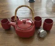 Southern Living At Home Red Stoneware Teapot w/ Bamboo Handle Lot of 4 Cups New