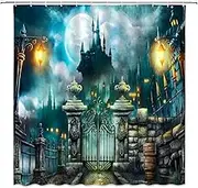 Happy Halloween Shower Curtain Scary Castle Full Moon Night Spooky Gothic Horror Haunted Mansion Mysterious Magic Cool Bathroom Curtain with Hooks,Blue Gray