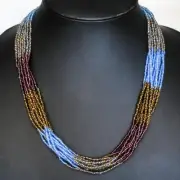 Luscious 12 Strand Blue Peacock Bronze Glass Seed Beads Necklace, 24"