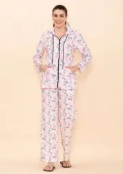 TAMSY Light Pink Snowflake Printed Brushed Flannel Loose Fit Track Suit Set-3X