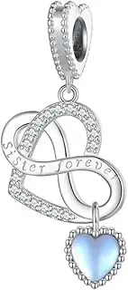 [Generic] Sister Forever Love Heart Dangle Charm Moonstone Genuine 925 Sterling Silver Compatible With Bracelet