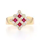 Yellow Gold Ruby & Diamond Cluster Halo Cocktail Ring 18k Sq 1.17ctw Lattice Sz7