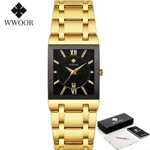 Wwoor 黃金手錶男士方形男士手錶頂級品牌豪華金色石英不銹鋼防水手錶-8858m