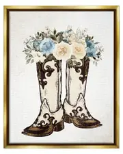 Cowboy Boot Mixed Flower Bouquet Framed Floater Canvas Wall Art by Kim Allen