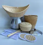Vintage Thai Handicraft Lao Sticky Rice Set Bamboo Basket with Pot Steamer 26 cm