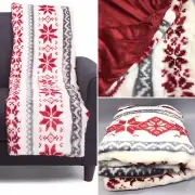 Cynthia Rowley Nordic Faux Fur Throw Blanket Fair Isle Red Snowflake Holidays