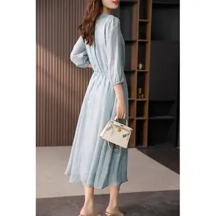 【ACheter】 棉麻連身裙修身七分袖收腰顯瘦復古文藝長版洋裝# 119015 M 水藍色