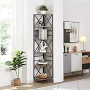 IHOMEC 6 Tier Square Corner Shelf (CBS003), Industrial Corner Bookshelf with Metal Frame, Rustic Corner Storage Rack Shelves Display Plant Flower, Stand Bookcase for Home Office, Retro Brown