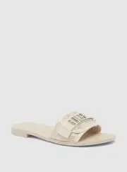GUESS Women's Beige Logo Elyze Slides Size: 5, Synthetic