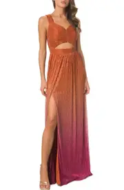Dress the Population Meredith Metallic Ombré Cutout Plissé Gown in Orange Multi at Nordstrom, Size Medium