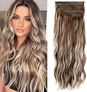 Saisifen Clips in Hair Extensions Long Wavy Synthetic Hair 20 Inch 4Pcs Hair Hairpieces Wave Clip on Double Weft for Women (20 Inches, Hazelnut Mixed Platinum Blonde Highlights)
