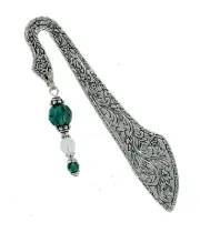 BEADED BOOKMARK - Pewter with Crystal Emerald Beads Read Reading Gift Handmade
