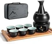 Ceramic Sake Set with Warmer Pot Bamboo Tray, Stovetop Porcelain Pottery Hot Saki Drink Bottle, 10pcs Set 1 Stove 1 Warming Bowl 1 Sake Bottle 1 Tray 6 Cup Keep Sake Storage Gift Box