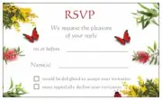 50 x WHITE RSVP CARDS reply tags Australian flora theme wattle gum bottle brush