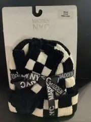 Steve Madden NYC Checker Beanie & Fingerless Gloves Set Black & White