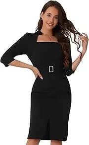 [Allegra K] Women's Sheath Dress Elegant 3/4 Sleeve Belt Slit Retro Business Dress