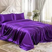 [HOMIEST] Double Sheet Set Purple Satin Bedding Sheets Set, 4pc Double Bed Sheet Set with Deep Pockets Fitted Sheet