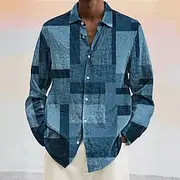 Men's Geometric Color Block Denim-like Shirt Button Up Shirt Long Sleeve Fashion Casual Vacation Daily Spring Fall Turndown 3D Print Linen Like Shirt BlueKhaki