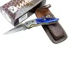 TheBoneEdge 7.5" Damascus Blade Folding Knife Blue Horn Handle Sheath