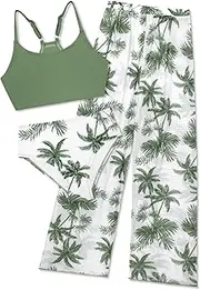 [SHEKINI] Girls 3 Piece Printed Swimsuit High Waist Bikini Set with Cover Up Pants