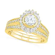1.0 CT. T.W. Baguette and Round Natural Diamond Sunburst Frame Bridal Engagement Ring Set in Solid 10K Yellow Gold