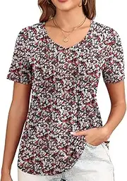 [GRECERELLE] T-Shirt Women's Summer Tops Women's Short Sleeve T-Shirt Elegant Button Casual Basic Pleated Flowers Blouse Shirts