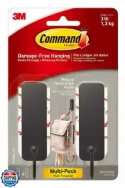 Command Medium Matte Black Wall Hooks, 2 Hooks and 4 Command Strips, Damage F