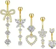 [GLGHMH] 5Pcs 14G Dangling Belly Button Rings, Silver Pink Stainless Steel Belly Bars with Flower Butterfly Heart, Navel Piercing Jewelry for Women Girls