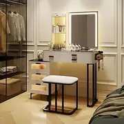 Giantex Makeup Vanity Desk with Mirror and Lights, Dressing Table and Stool Set with Charging Station, 3-Color LED Lights, 6 Drawers, Open Storage Shelves and Transparent Glass Tabletop, White