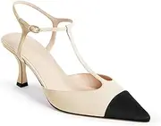 [Coutgo] Women's T Strap Kitten Heels Closed Pointed Toe Two Tone Sandals Ankle Buckle Strap Dress Office Pump Shoes