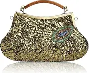 [ROUROU] Retro Peacock Handbag Sequin Clutch Bag Evening Shoulder Bag Wedding Crossbody Bag Top Handle Satchel Kiss Lock Purse