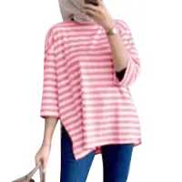 在飛比找蝦皮商城優惠-Hijabista 女士穆斯林露肩條紋下擺開叉七分袖 T 恤