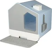PaWz Cat Litter Tray Boxes Enclosed,Cat Toilet Mat with Cleaning Scoop & Sliding Drawer,Two-Way Door Cat Litter House Anti-Splashing,Plastic Sturdy Furniture,Blue