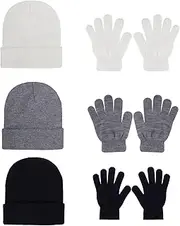 [Yymobt] 6 Pack Winter Hats and Gloves Beanies Hats and Gloves Set Warm Beanies Hats Elasticity Full Finger Gloves for Cold Weather, Black, White and Grey
