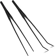 2 Pcs 11 Inch Black Long Handle Stainless Steel Straight and Curved Tweezers Nippers, Set with Serrated Tips Comfortable Ridged Handle for Garden, Kitchen, Indoors and Outdoors