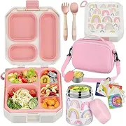 wiwens Bento Lunch Box for Kids with 12oz Soup Thermo Leak-Proof Lunch Food Container with 5 Compartment Thermo Hot Food Jar and Insulated Lunch Bag for Kid Toddler Girls Boys to School