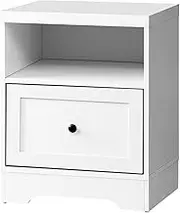 OIKITURE Wooden Nightstand with Drawer - Small Bedside Table with Open Shelf Storage, Metal Alloy Handles, Modern End Table for Bedroom Living Room Garden Balcony, White